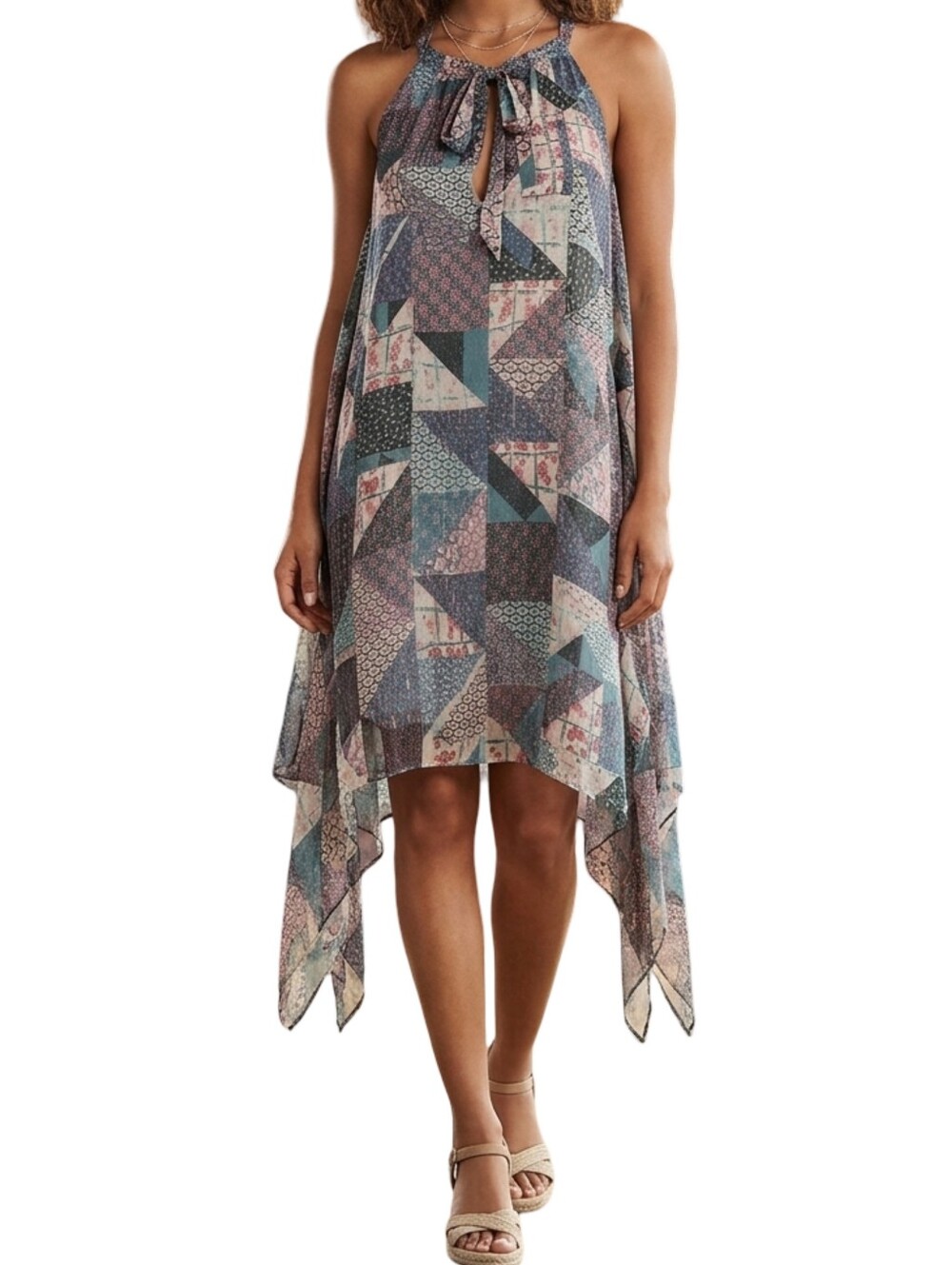BCBGMAXAZRIA Andi Halter Handkerchief Dress Boho Patchwork Silk Blend Size Small